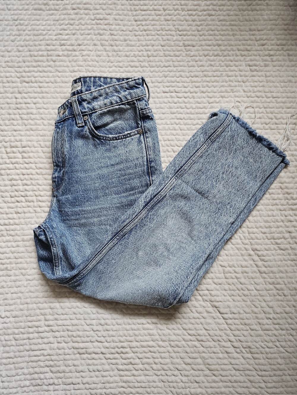 Mango MNG Blue Denim High Rise Jeans with Frayed Waistband